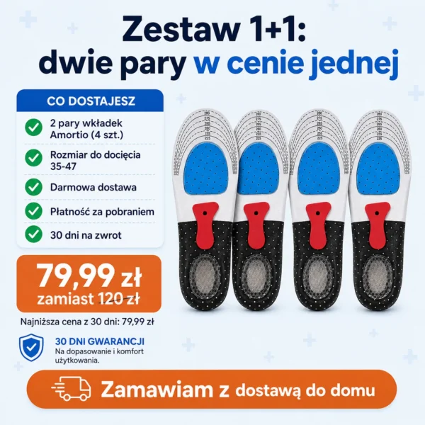 Amortio - Amortyzujące Wkładki na Ostrogi Piętowe, Bóle Stóp i Płaskostopie 1+1 (2 Pary)