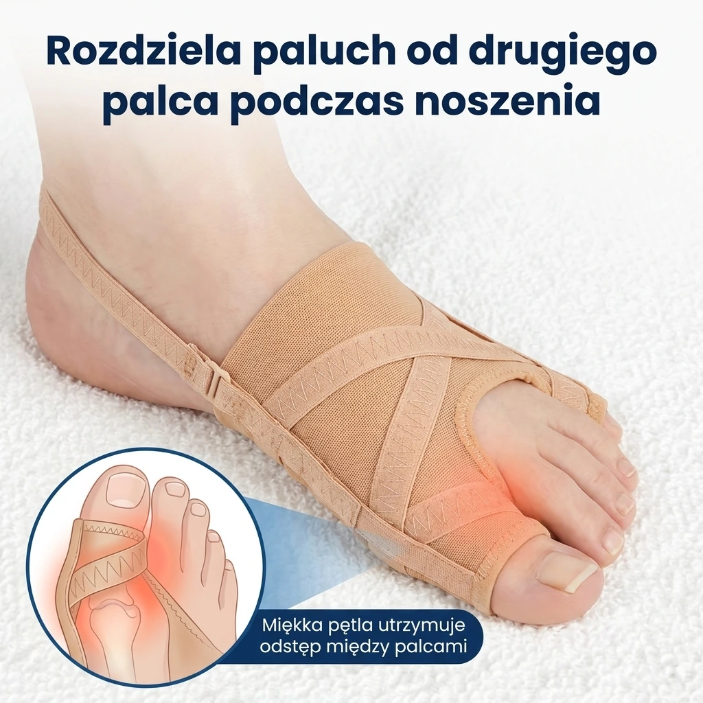 HaluStoper rozdziela paluch od drugiego palca podczas noszenia, miękka pętla utrzymuje odstęp między palcami