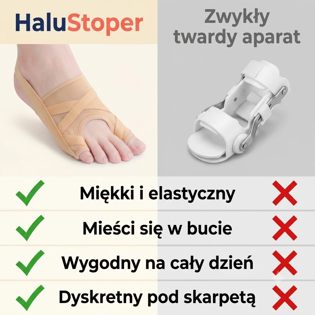 Porównanie: miękki HaluStoper na stopie vs zwykły twardy aparat. HaluStoper jest miękki i elastyczny, mieści się w bucie, wygodny na cały dzień i dyskretny pod skarpetą
