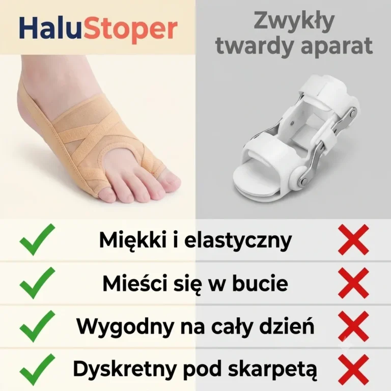 Porównanie: miękki HaluStoper na stopie vs zwykły twardy aparat. HaluStoper jest miękki i elastyczny, mieści się w bucie, wygodny na cały dzień i dyskretny pod skarpetą